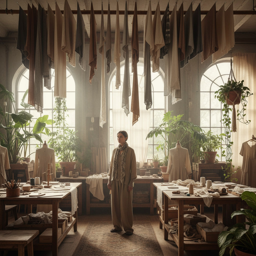 Artisan studio with hanging fabrics